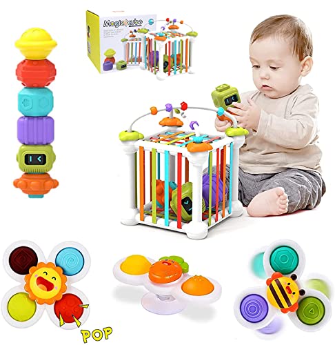 Morkka 12 juguetes Montessori, aprendizaje temprano, juguetes sensoriales para bebés cubo colorido con 3 ventosas giratorios y laberinto de cuentas, para niños pequeños de 1-3 (12pcs)