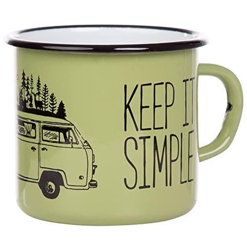 MUGSY I Emaille - Taza con texto en inglés "Keep it simple & Campervan, 330 ml, esmaltado, equipo de camping, color verde