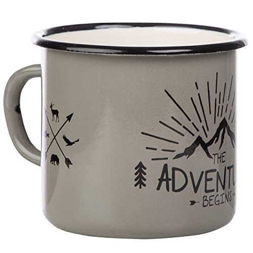 MUGSY Taza esmaltada con texto "The Adventure Begins" 330 ml, taza de camping, equipo de camping, diseño retro, color gris