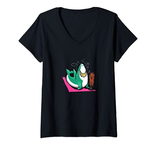 Mujer Divertidas ilustraciones de yoga con tiburones para un Camiseta Cuello V