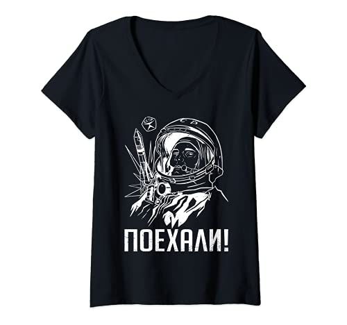 Mujer Gagarin Yuri Vintage Sputnik Espacial Camiseta Cuello V