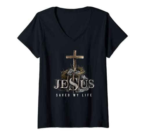 Mujer Jesús salvó mi vida - Iglesia Bíblica Religiosa Cristiana Camiseta Cuello V