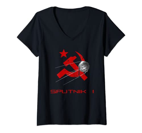 Mujer Satélite Sputnik 1 con hoz y martillo del soviético Camiseta Cuello V