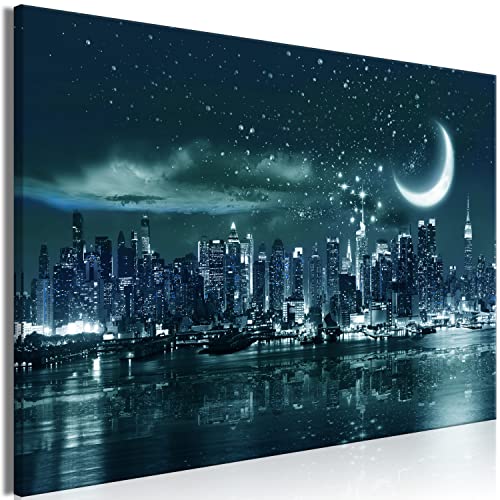 murando Cuadro Acústico Ciudad de noche 90x60 cm espuma acústica absorbe el sonido aislamiento lienzo de 1 pieza Impresión Artística Decoración de Pared Manhattan New York City Luna d-C-0257-b-a