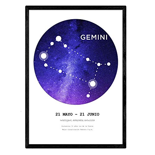 Nacnic Lamina con la constelación Gemini. Poster con símbolo del zodiaco en tamaño A4 y fondo blanco
