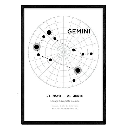 Nacnic Lamina con la constelación Geminis. Poster con símbolo del Zodiaco en tamaño A4 y Fondo del Cielo Estrellado