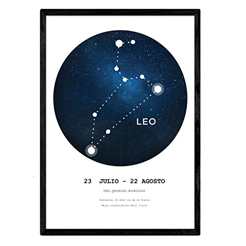 Nacnic Lamina con la constelación Leo. Poster con símbolo del Zodiaco en tamaño A4 con Marco y Fondo Blanco