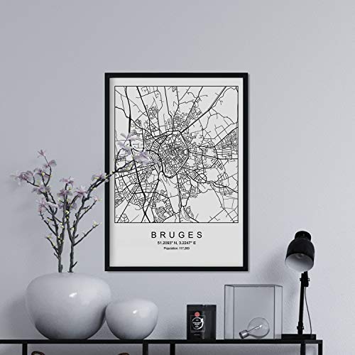 Nacnic Lámina Mapa de la Ciudad Bruges Estilo nordico en Blanco y Negro. Poster tamaño A3 Sin Marco Impreso Papel 250 gr. Cuadros, láminas y Posters para Salon y Dormitorio