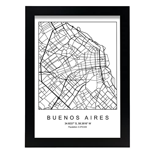 Nacnic Lámina mapa de la ciudad Buenos aires estilo nordico en blanco y negro. Poster tamaño A4 Sin marco Impreso papel 250 gr. Cuadros, láminas y posters para salon y dormitorio