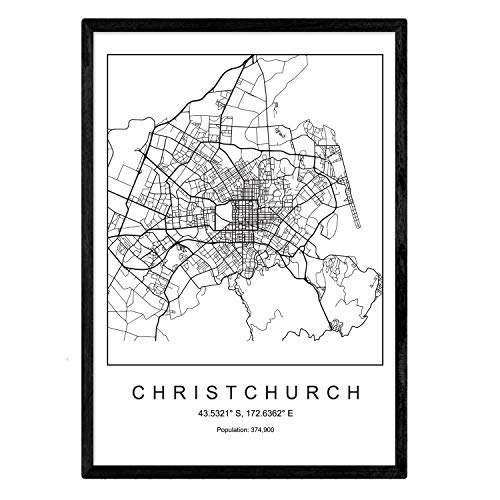 Nacnic Lámina Mapa de la Ciudad Christchurch Estilo nordico en Blanco y Negro. Poster tamaño A4 Sin Marco Impreso Papel 250 gr. Cuadros, láminas y Posters para Salon y Dormitorio
