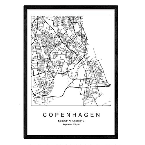 Nacnic Lámina Mapa de la Ciudad Copenhagen Estilo nordico en Blanco y Negro. Poster tamaño A3 Sin Marco Impreso Papel 250 gr. Cuadros, láminas y Posters para Salon y Dormitorio