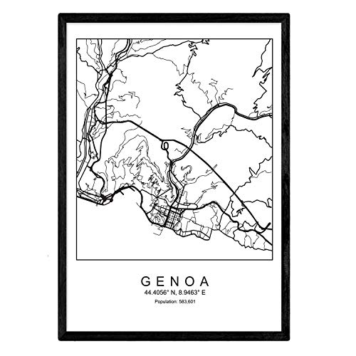 Nacnic Lámina mapa de la ciudad Genoa estilo nordico en blanco y negro. Poster tamaño A4 Sin marco Impreso papel 250 gr. Cuadros, láminas y posters para salon y dormitorio