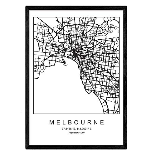 Nacnic Lámina Mapa de la Ciudad Melbourne Estilo nordico en Blanco y Negro. Poster tamaño A3 Sin Marco Impreso Papel 250 gr. Cuadros, láminas y Posters para Salon y Dormitorio
