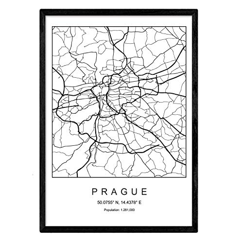 Nacnic Lámina mapa de la ciudad Prague estilo nordico en blanco y negro. Poster tamaño A4 Enmarcado con marco negro Impreso papel 250 gr. Cuadros, láminas y posters para salon y dormitorio