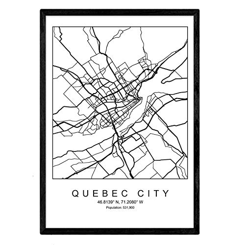 Nacnic Lámina Mapa de la Ciudad Quebec Estilo nordico en Blanco y Negro. Poster tamaño A3 Sin Marco Impreso Papel 250 gr. Cuadros, láminas y Posters para Salon y Dormitorio