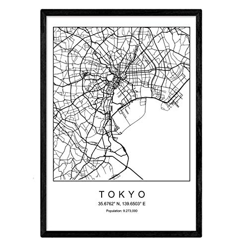 Nacnic Lámina Mapa de la Ciudad Tokyo Estilo nordico en Blanco y Negro. Poster tamaño A4 Sin Marco Impreso Papel 250 gr. Cuadros, láminas y Posters para Salon y Dormitorio