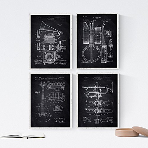 Nacnic Negro - Pack de 4 Láminas con Patentes de Música. Set de Posters con inventos y Patentes Antiguas. Elije el Color Que Más te guste. Impreso en Papel de 250 Gramos.