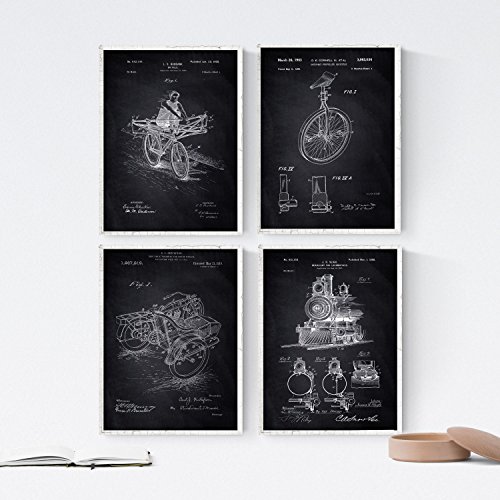 Nacnic Negro - Pack de 4 Láminas con Patentes de Vehículos. Set de Posters con inventos y Patentes Antiguas. Tamaño A4.
