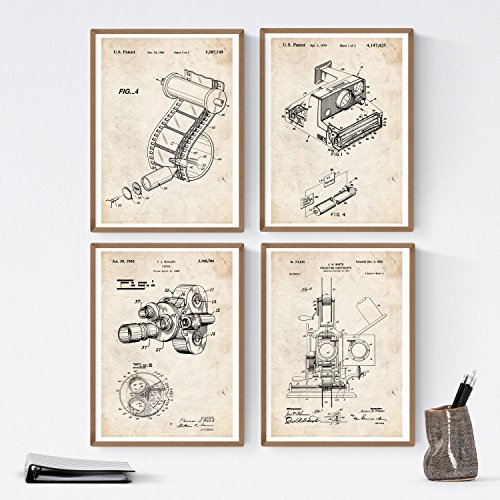 Nacnic - Pack 4 Láminas Patentes Antiguas de Fotografía - Set Posters Vintage con Inventos de Cámara de Fotos, Carrete, Película, Reveladora 35 mm