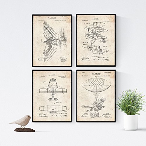 Nacnic - Pack 4 Láminas Patentes Aviación - Set Posters con Inventos Antiguos - Máquinas Voladoras Tamaño A4