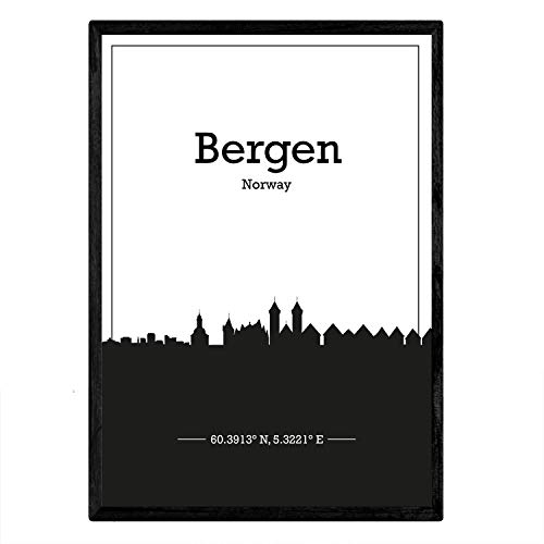 Nacnic Poster con mapa de Bergen - Noruega. Láminas con Skyline de ciudades del norte de Europa con sombra negra. Tamaño A4 con marco
