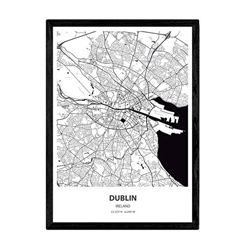Nacnic Poster con Mapa de Dublin - Irlanda. Láminas de Ciudades de Europa con Mares y ríos en Color Negro. Tamaño A3