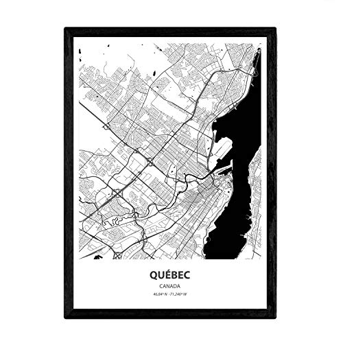 Nacnic Poster con Mapa de Quebec - Canada. Láminas de Ciudades de Canada con Mares y ríos en Color Negro. Tamaño A3