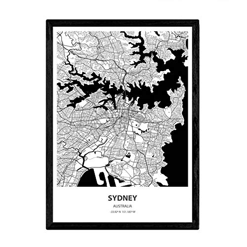 Nacnic Poster con Mapa de Sydney - Australia. Láminas de Ciudades de Australia con Mares y ríos en Color Negro. Tamaño A3