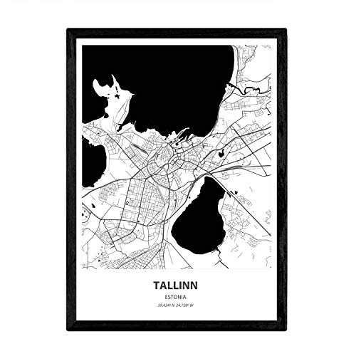Nacnic Poster con Mapa de Tallinn - Estonia. Láminas de Ciudades del Norte de Europa con Mares y ríos en Color Negro. Tamaño A4
