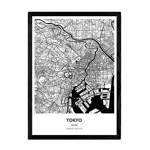 Nacnic Poster con Mapa de Tokio - Japon. Láminas de Ciudades de Asia con Mares y ríos en Color Negro. Tamaño A4