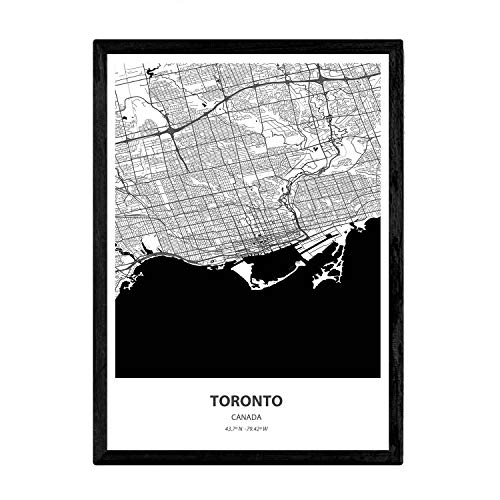 Nacnic Poster con Mapa de Toronto - Canada. Láminas de Ciudades de Canada con Mares y ríos en Color Negro. Tamaño A3