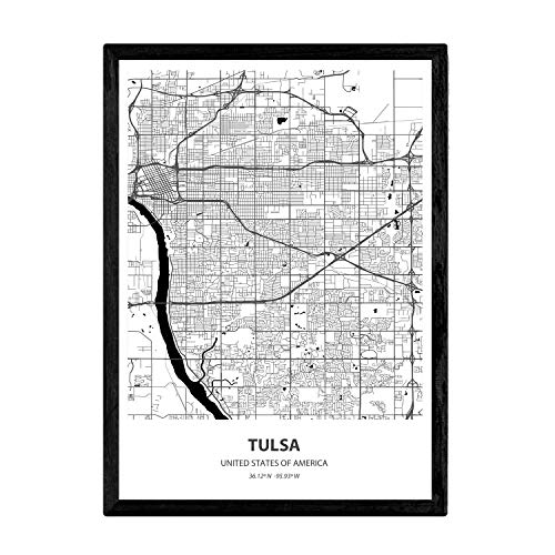 Nacnic Poster con mapa de Tulsa - USA. Láminas de ciudades de Estados Unidos con mares y ríos en color negro. Tamaño A3
