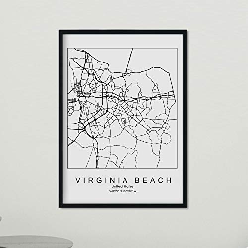 Nacnic Poster con mapa de Virginia Beach. Lámina de Estados Unidos, con imágenes de mapas y carreteras de las principales ciudades de Estados Unidos. Tamaño A3 con marco