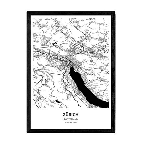 Nacnic Poster con Mapa de Zurich - Suiza. Láminas de Ciudades de Europa con Mares y ríos en Color Negro. Tamaño A3