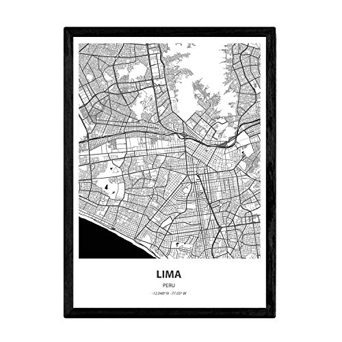 Nacnic Poster con marco con mapa de Lima - Peru. Láminas de ciudades de Latinoamérica con mares y ríos en color negro. Tamaño A3 Con marco