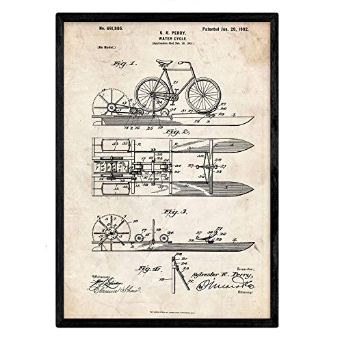 Nacnic Poster con patente de Bicicleta acuatica. Lámina con diseño de patente antigua en tamaño A3 y con fondo vintage