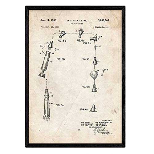 Nacnic Poster con patente de Capsula espacial 3. Lámina con diseño de patente antigua en tamaño A3 y con fondo vintage