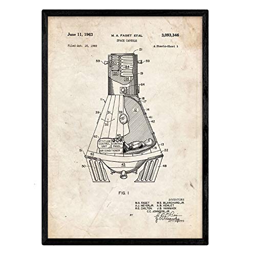 Nacnic Poster con patente de Capsula espacial. Lámina con diseño de patente antigua en tamaño A3 y con fondo vintage