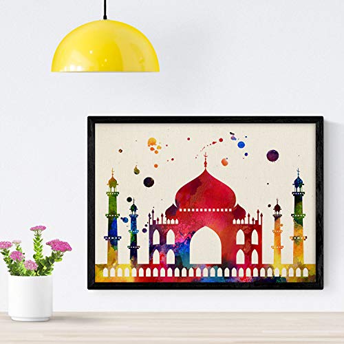 Nacnic Poster Taj Mahal Con il disegno ad acquerello. Mescolare con i fogli di stile acquerello per la decorazione d'interni. formato A4