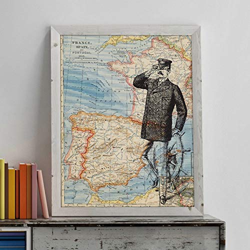Nacnic Posters de Objetos sobre mapas. Lámina Tierra a la Vista, con diseño de Objetos sobre mapas Vintage. Tamaño A4 con Marco