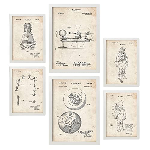 Nacnic Set de 6 láminas de Patentes Astronauta. Pósters con Dibujos Retro de inventos Antiguos para tu hogar. Decoración de Interiores Estilo Vintage. Tamaños A4 y A3. con Marco.