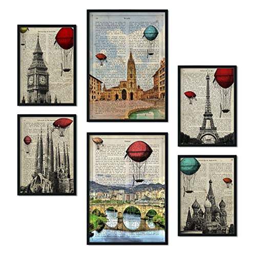 Nacnic Set de 6 Posters de Ciudades Vintage. Colección de láminas con estética Collage para la decoración de Interiores. Tamaños A3 y A4. Sin Marco.
