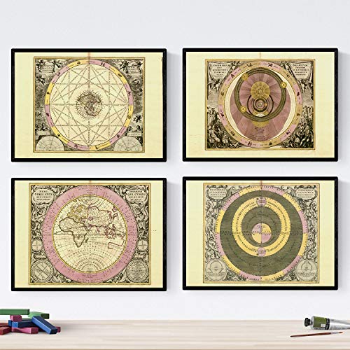 Nacnic Set de cuatro láminas con mapas astronomicos antiguos. Posters de mapas astrologicos en tamaño A3