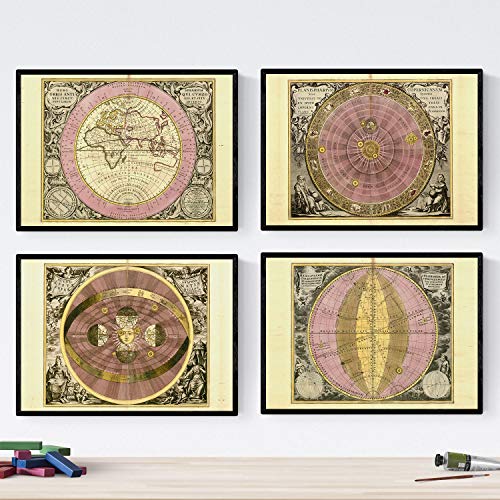 Nacnic Set de Cuatro láminas con mapas astronomicos Antiguos. Posters de mapas astrologicos en tamaño A4 con Marco