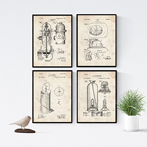 Nacnic Vintage - Pack de 4 Láminas con Patentes del Cuerpo de Bomberos. Set de Posters con inventos y Patentes Antiguas. Elije el Color Que Más te guste.