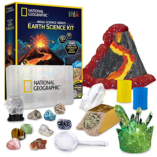 National Geographic Kit de Ciencia para Niños – Juguete CTIM con Más de 15 Actividades y Experimentos para Niños – Cultivo de Cristales, Juego de Volcán, 2 Sets de Excavación y 10 Piedras Naturales