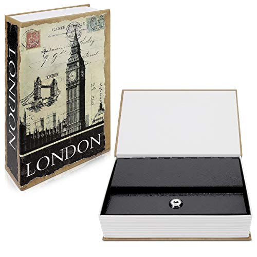 Navaris Caja fuerte con forma de libro - Caja de caudales escondida para guardar dinero joyas relojes - Con diseño de Londres y 2 llaves - M