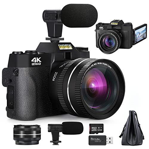 NBD Cámara Digital 4K 48MP compacta, cámara de vlogging con Pantalla abatible de 180 Grados, Lente Gran Angular, Lente Macro, 2 Pilas y Tarjeta TF de 32 GB