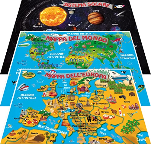 NITRAM Mapa del Mundo infantil, Europa y Sistema Solar de Pared. 3 Poster Láminas para decorar habitación niños. Tamaño A3 (Italiano)