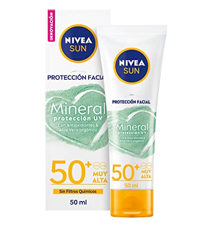 NIVEA SUN Protección Facial UV Mineral FP50+ (1 x 50 ml), crema solar facial vegana resistente al agua y sin perfume, protección solar muy alta sin filtros químicos